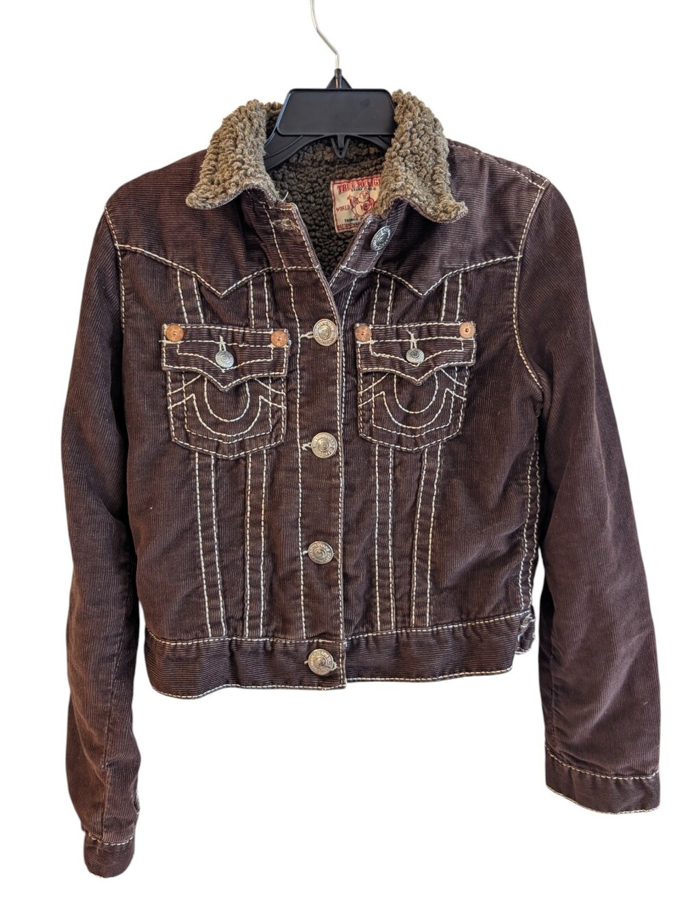 True Religion Women's Brown Corduroy Jacket with Sherpa Collar